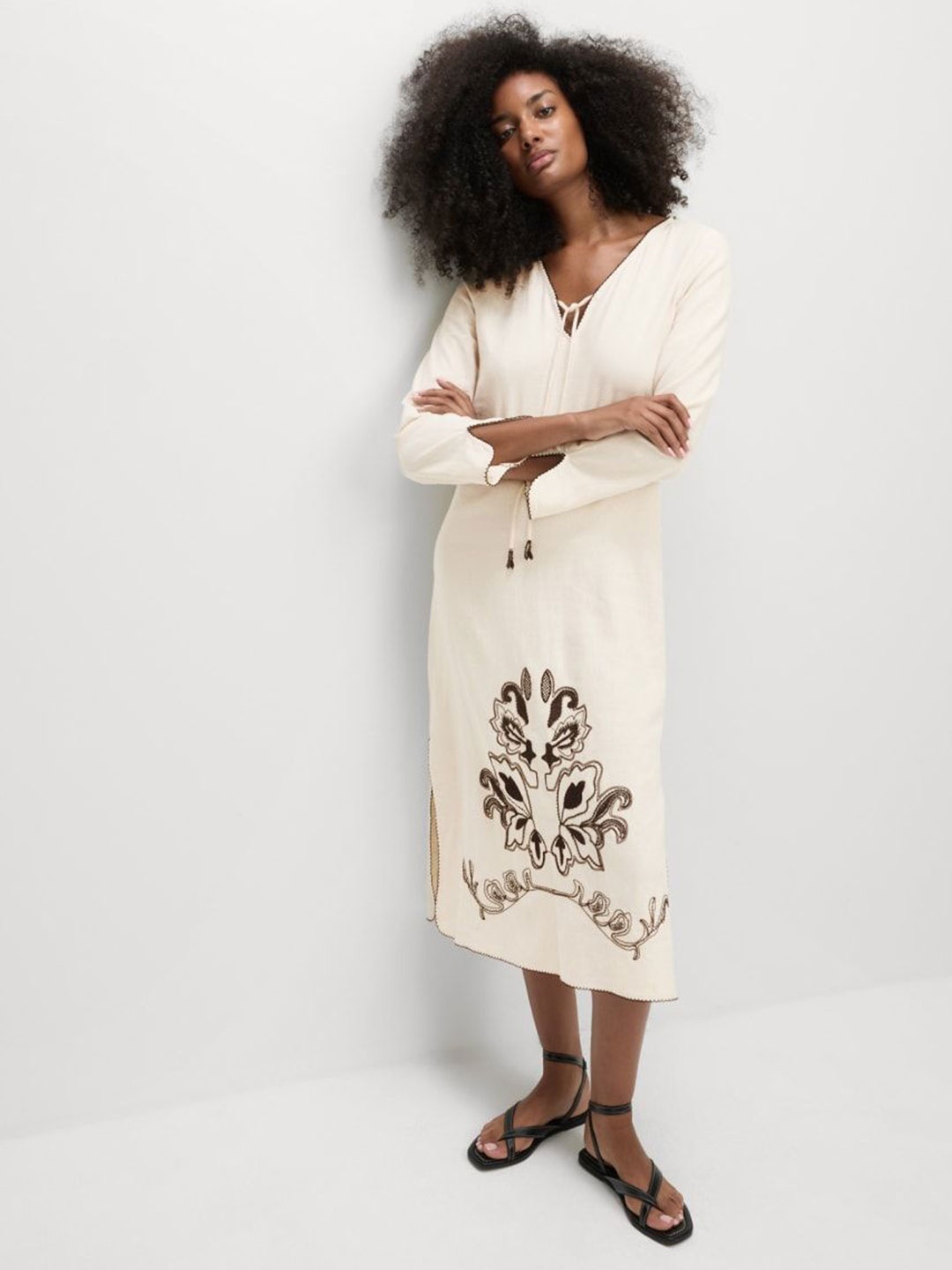 

Marks & Spencer Linen Women Embroidered A-Line Dress, Beige