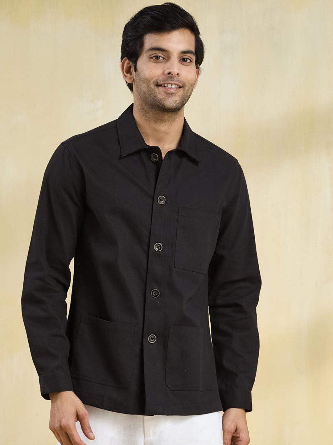 

Fabindia Men Fashion Solid Cotton Tailored Jacket, Black