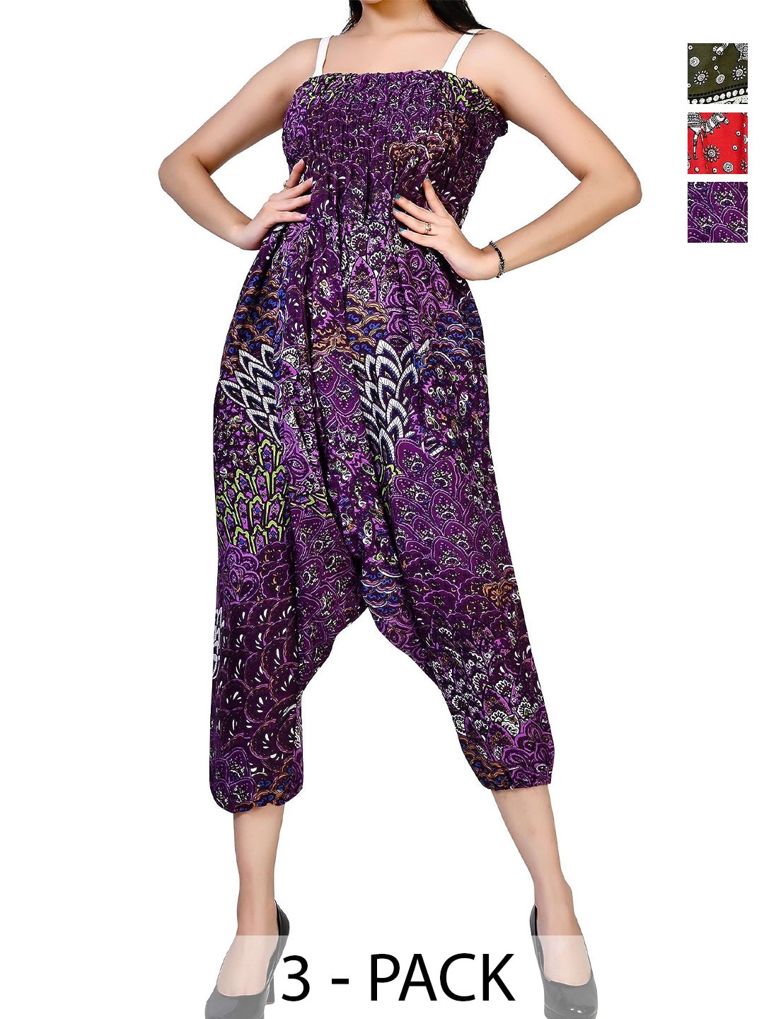 

NarNari Women Pack Of 3 Printed Mid-Rise Harem Pants, Purple