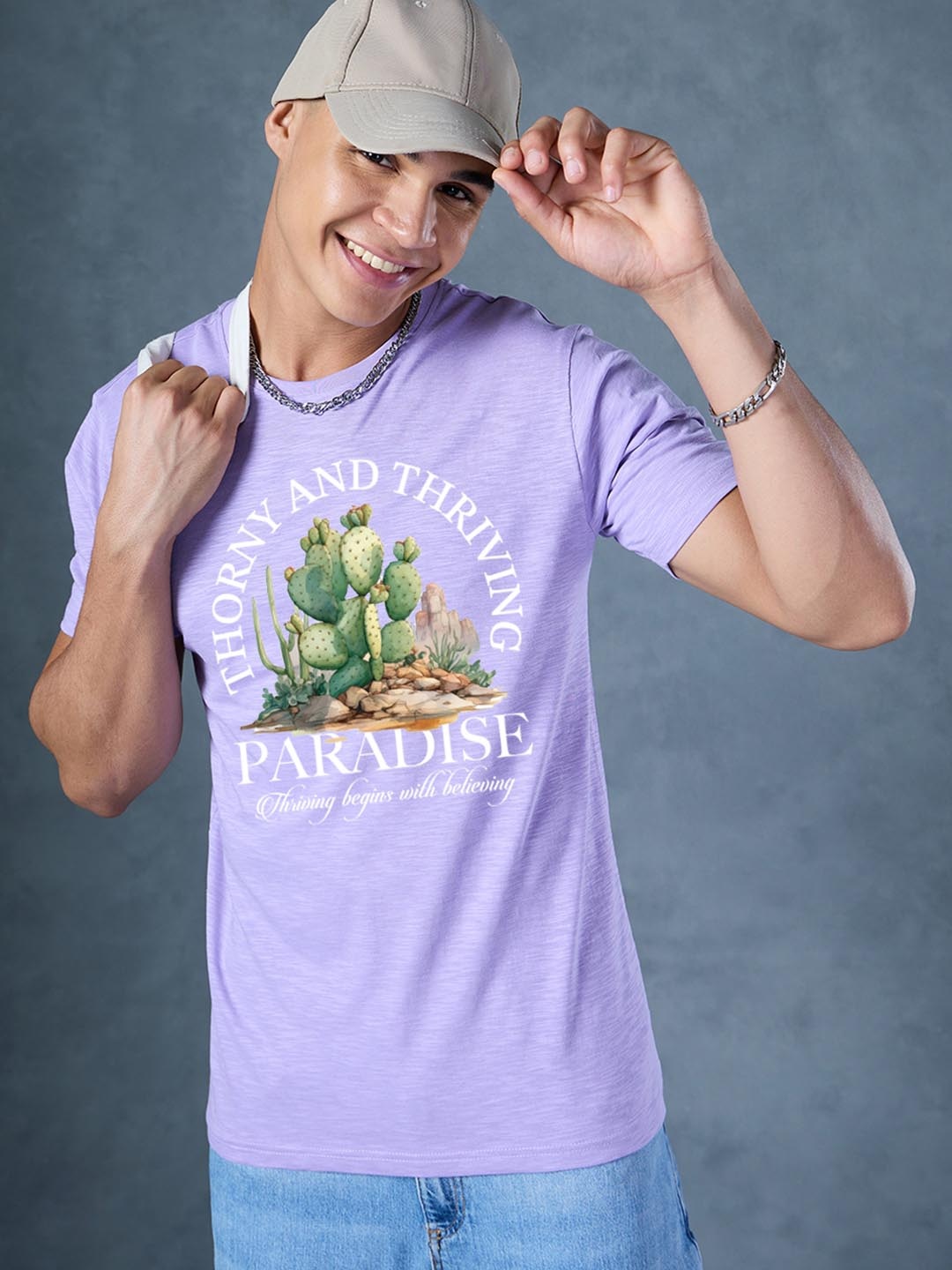 

Bewakoof AIR Men Graphic Printed Round Neck Cotton T-shirt, Lavender