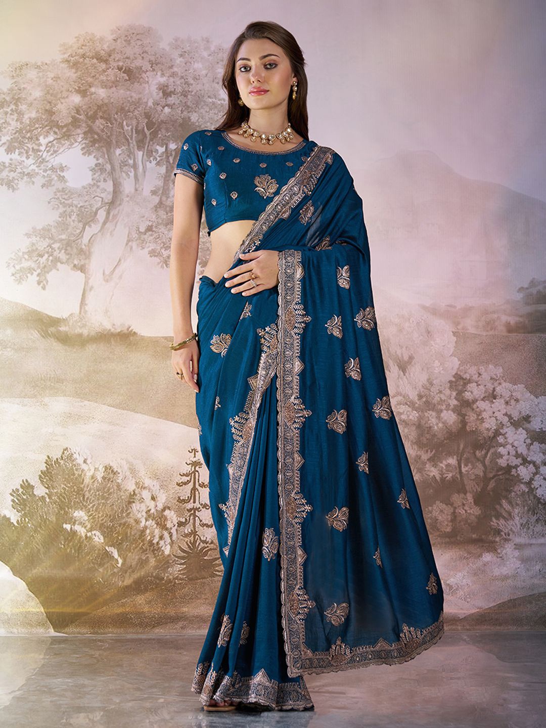 

Kalista Floral Embroidered Silk Blend Saree, Teal