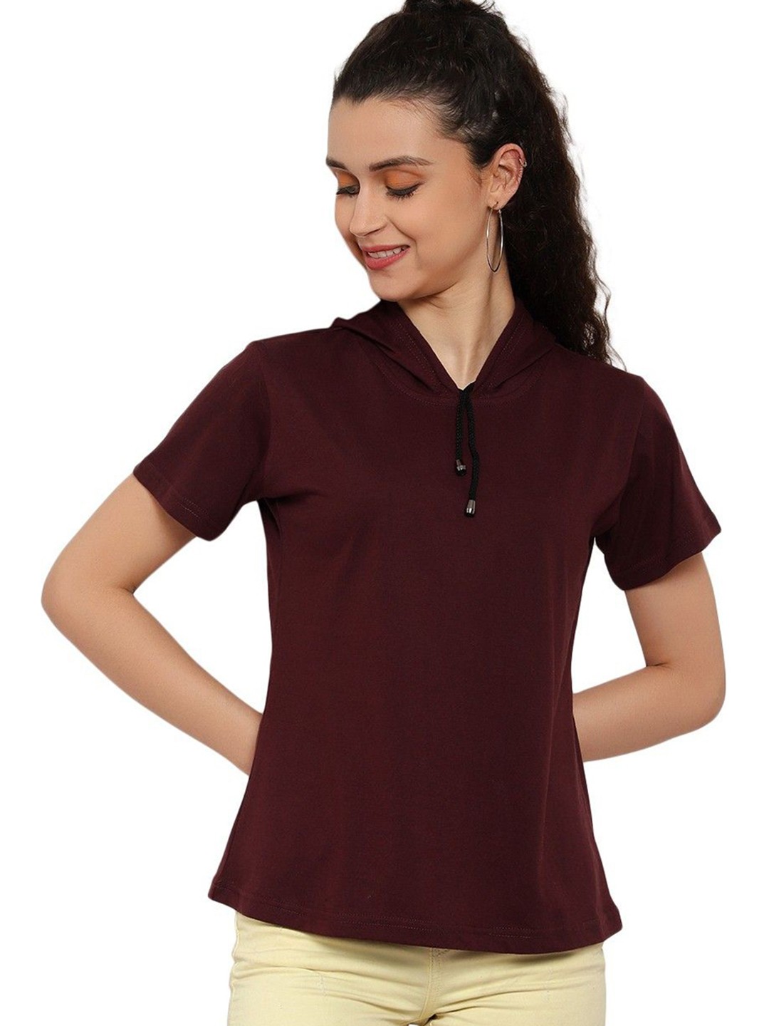 

DEEPMAYRA COLLECTION Women Solid Hood Cotton T-shirt, Purple