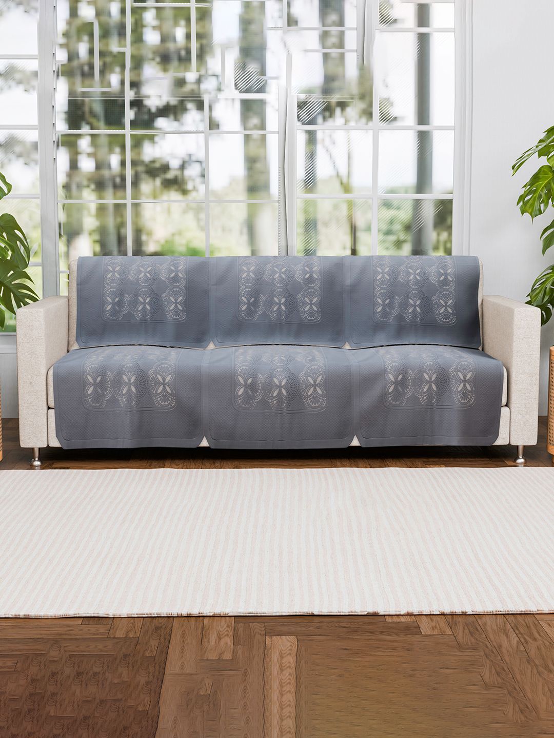 

Kuber Industries Grey 6 Pieces Self Design Cotton 3 Seater Sofa Covers