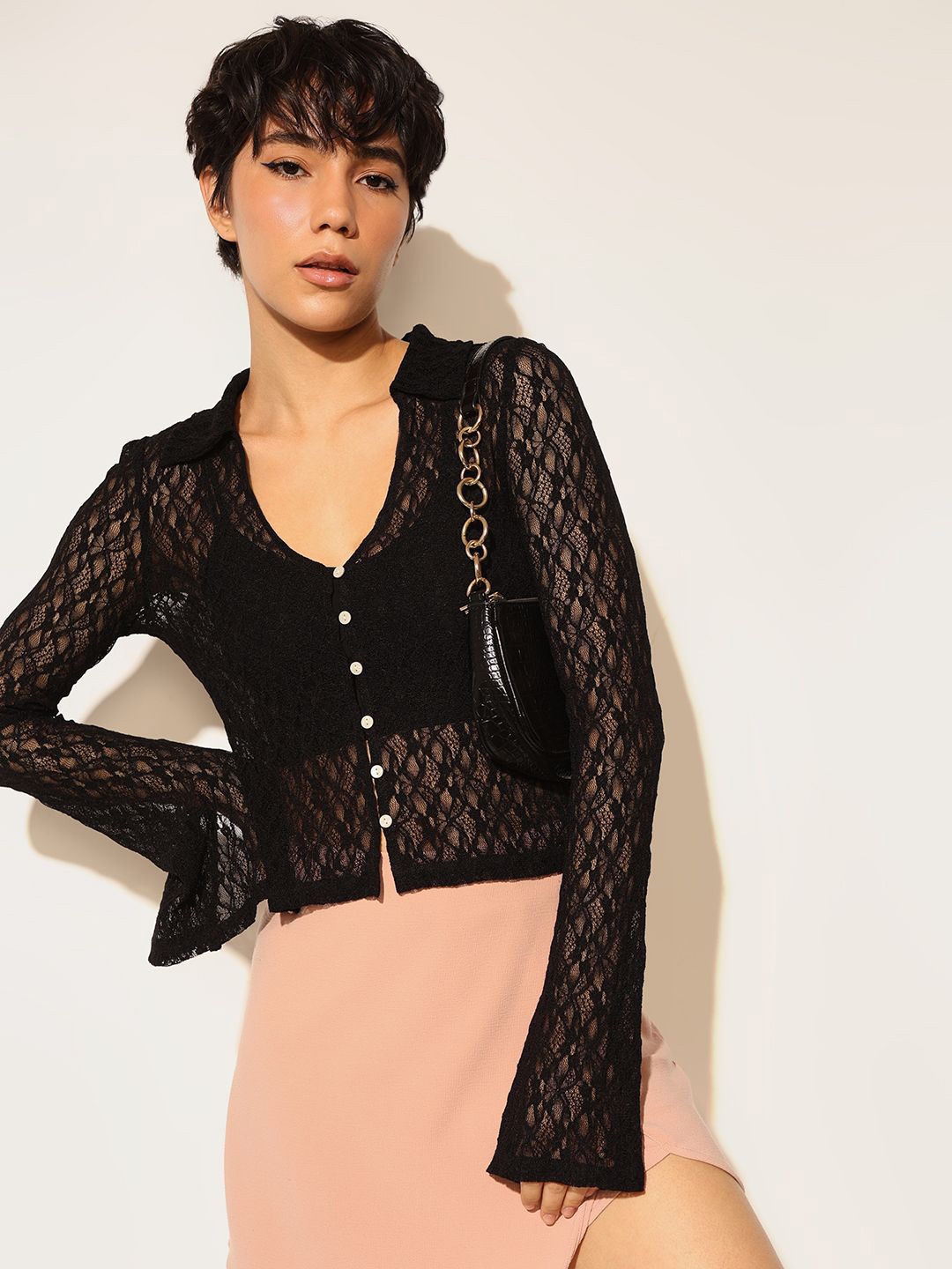 

ONLY Lace Shirt Style Crop Top, Black