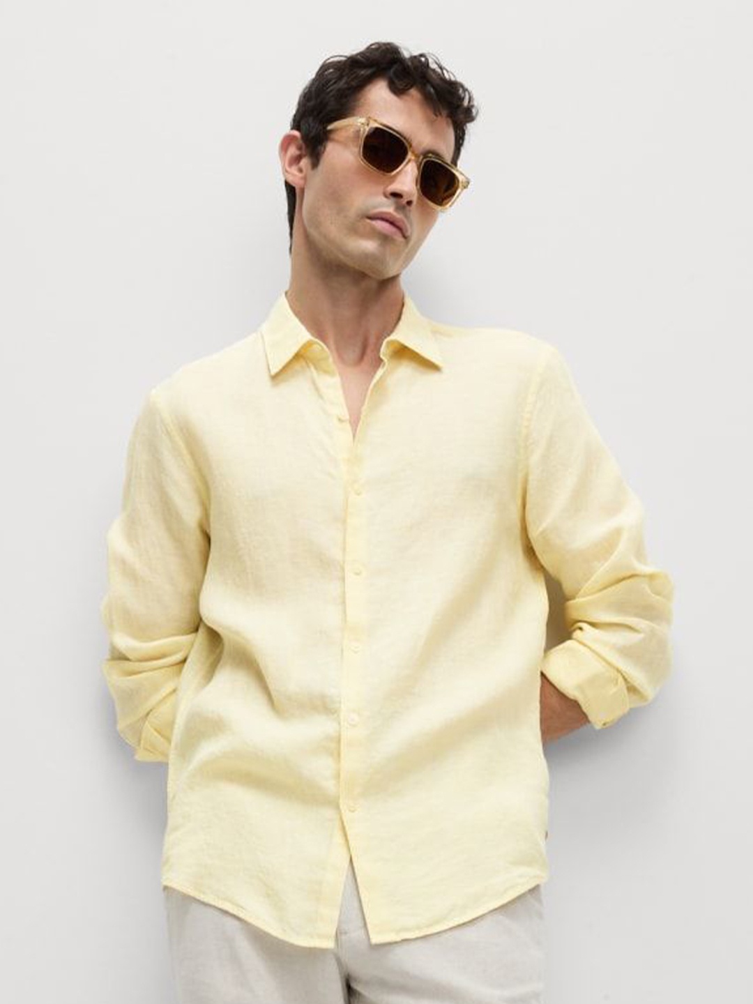 

Marks & Spencer Men Spread Collar Solid Linen Casual Shirt, Yellow