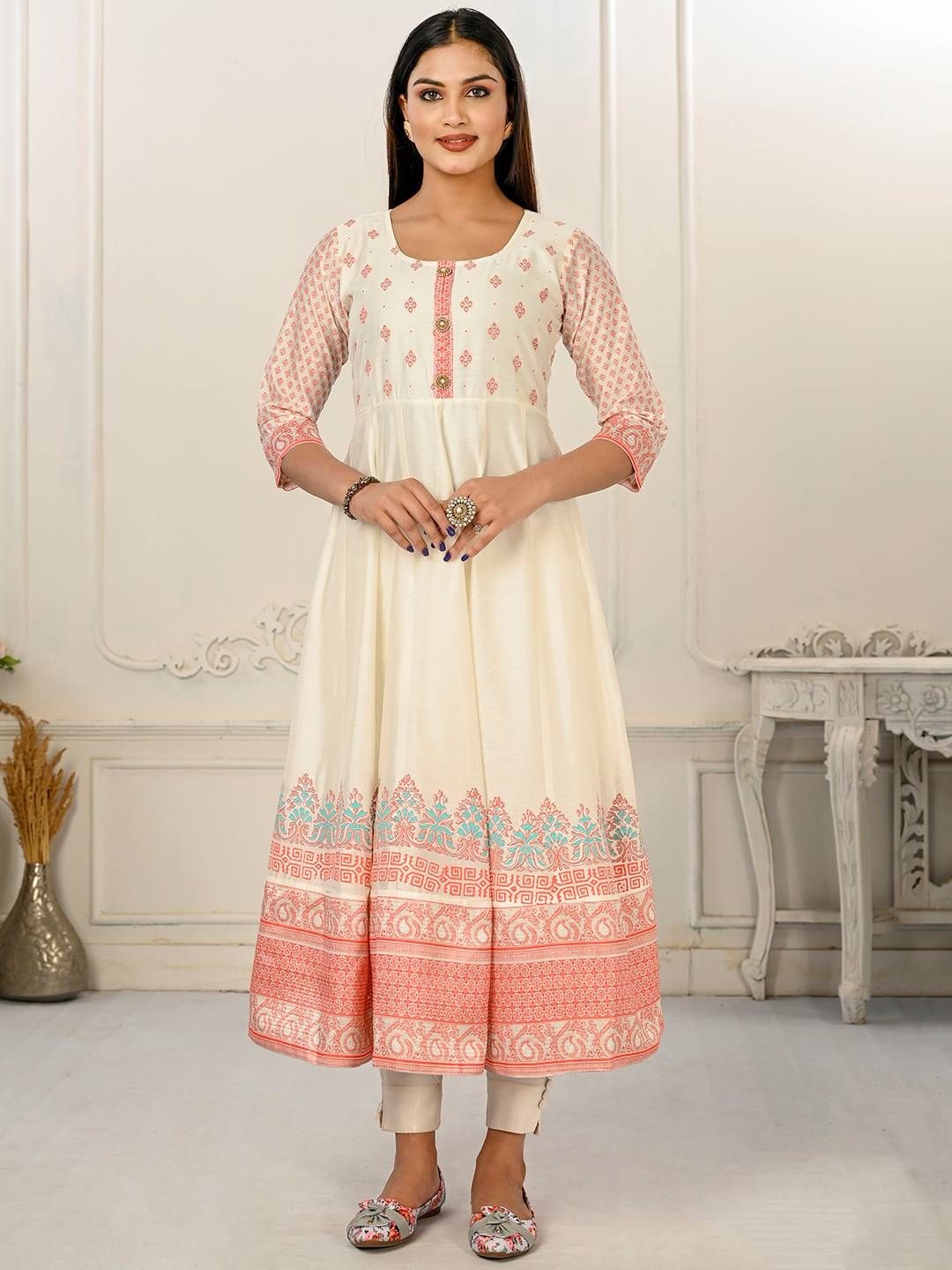 

Krimmple Printed Flared Kurta, Cream