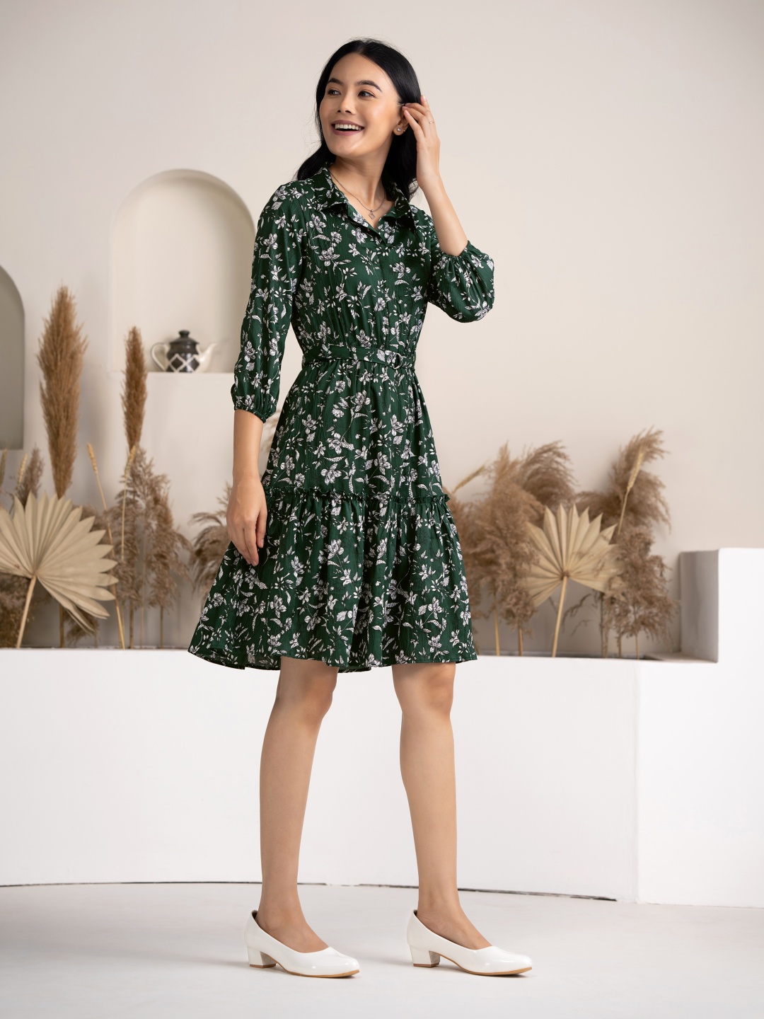 

DressBerry Floral Print Puff Sleeve Crepe Fit & Flare Dress, Green