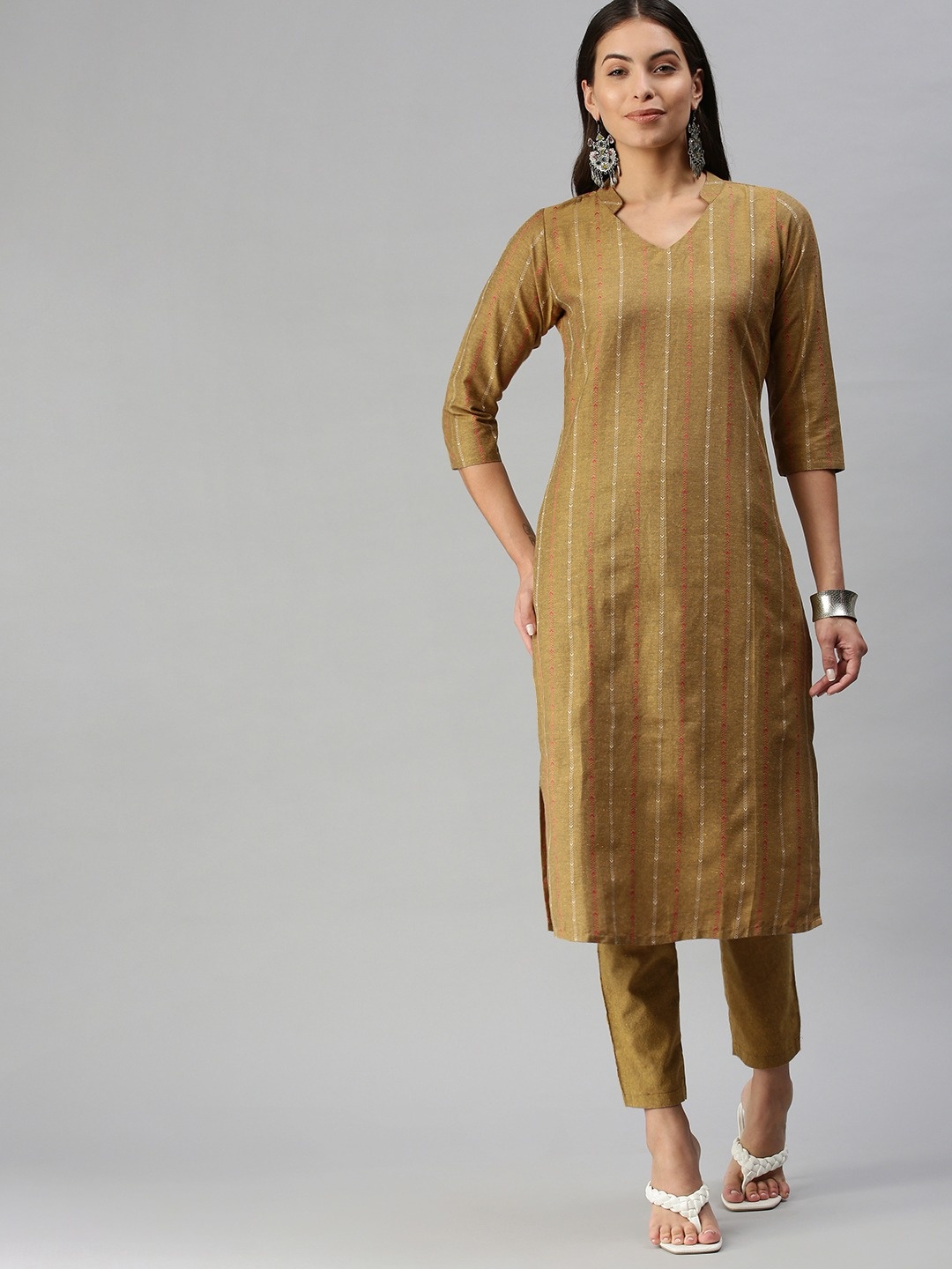 

Fourleaf Women Striped Regular Thread Work Kurta with Trousers, Yellow