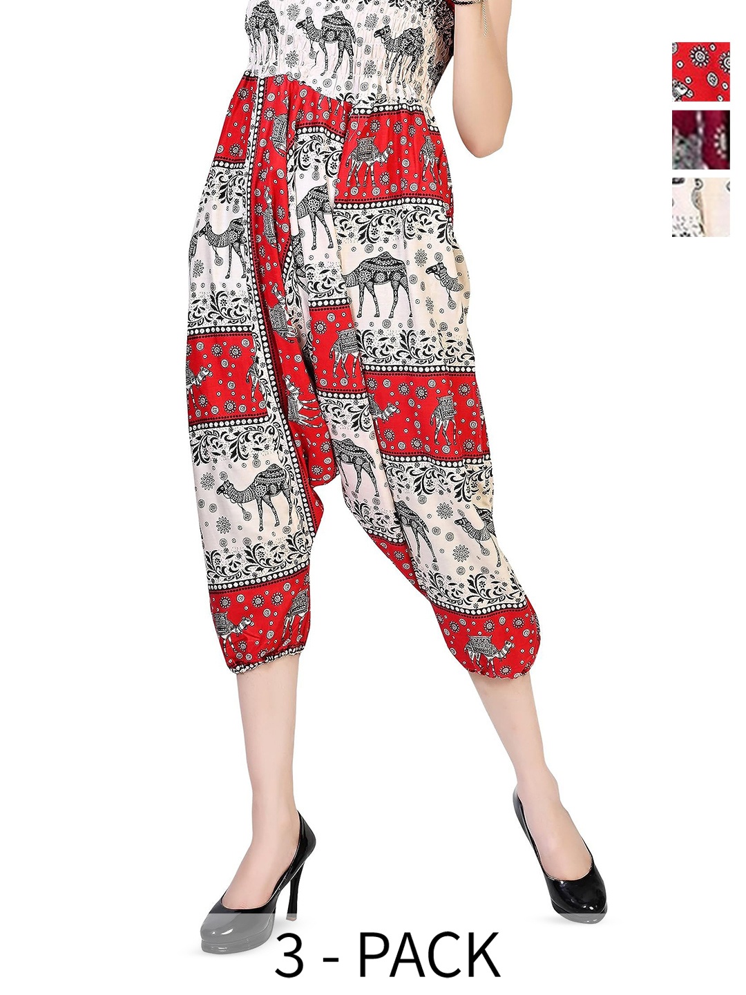 

NarNari Women Pack Of 3 Printed Mid-Rise Harem Pants, Red