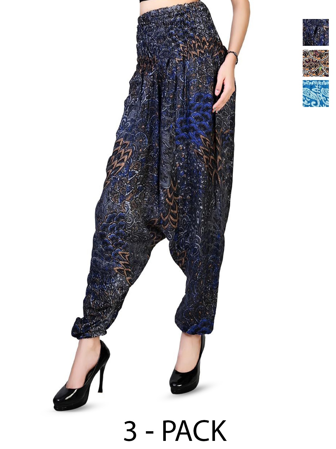 

NarNari Women Pack Of 3 Printed Mid-Rise Harem Pants, Blue
