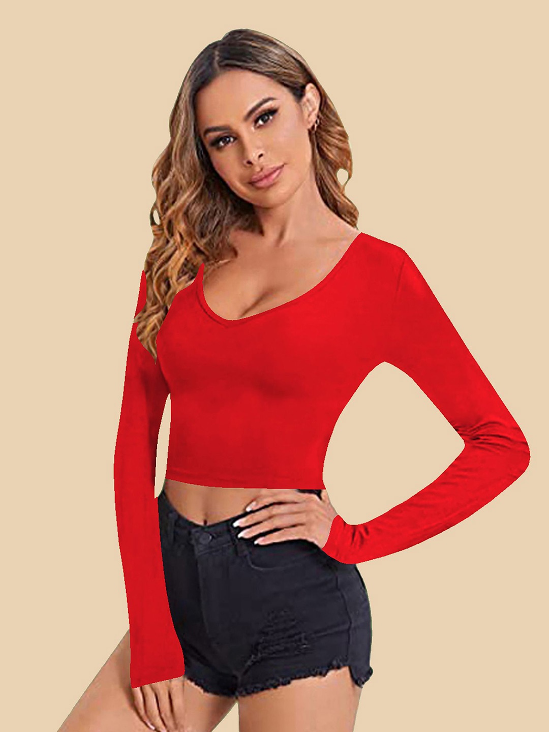 

Dream Beauty Fashion Women V-Neck Fitted Crop Top, Red