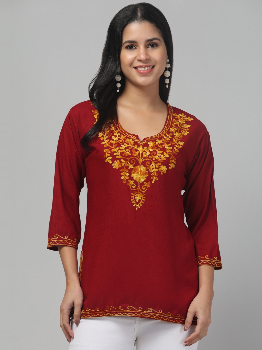 

Trend Level Floral Embroidered Kurti, Maroon