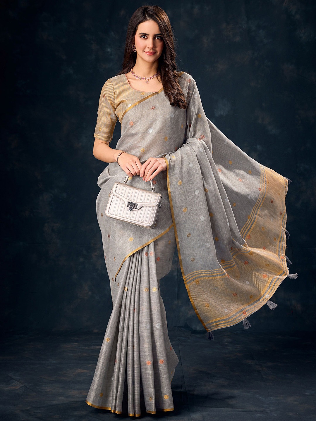 

Ethnielle Woven Design Zari Tissue Saree, Grey