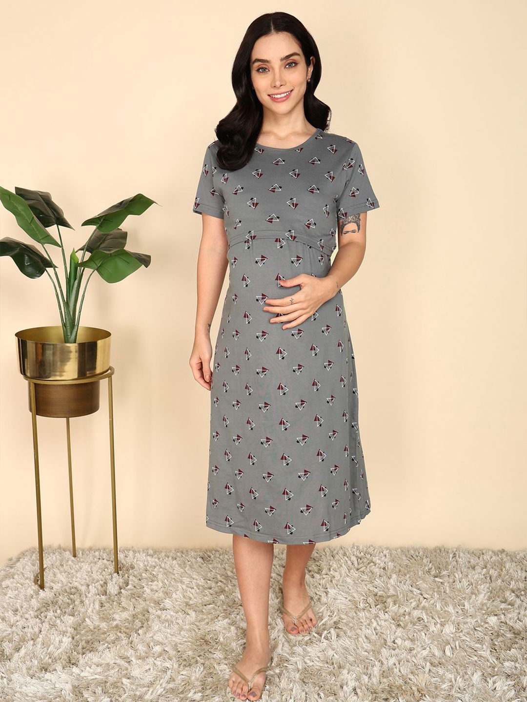 

Moms Ever Printed Maternity & Feeding Loungewear Dress, Grey