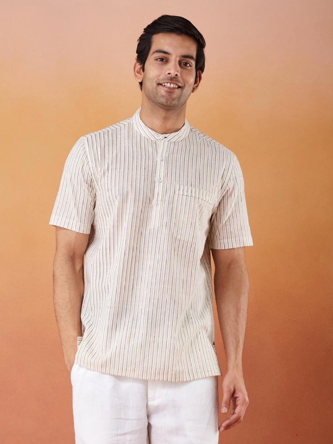 

Fabindia Men Relaxed Fit Band Collar Vertical Striped Cotton Casual Shirt, White