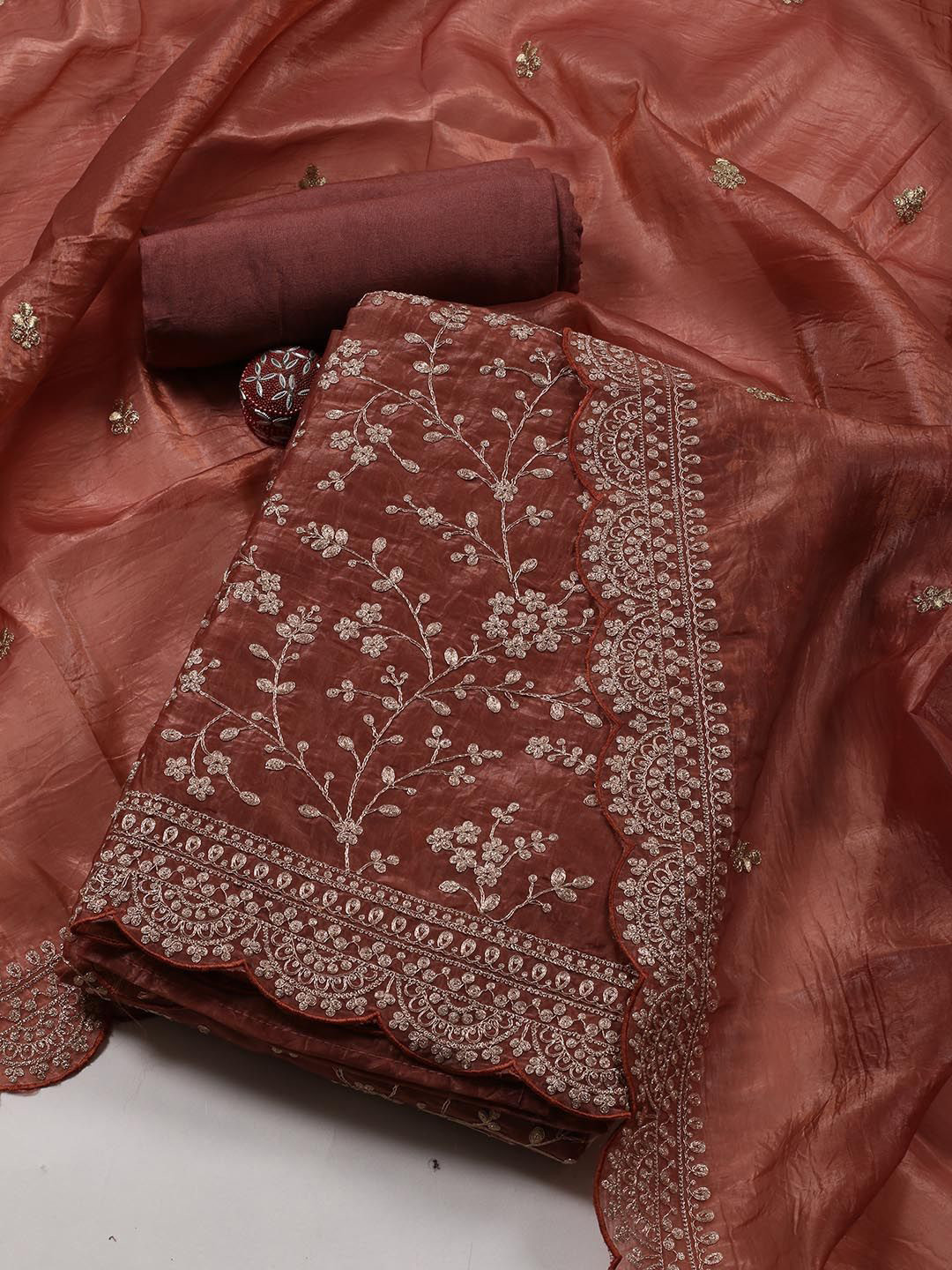 

Meena Bazaar Embroidered Organza Unstitched Dress Material, Brown