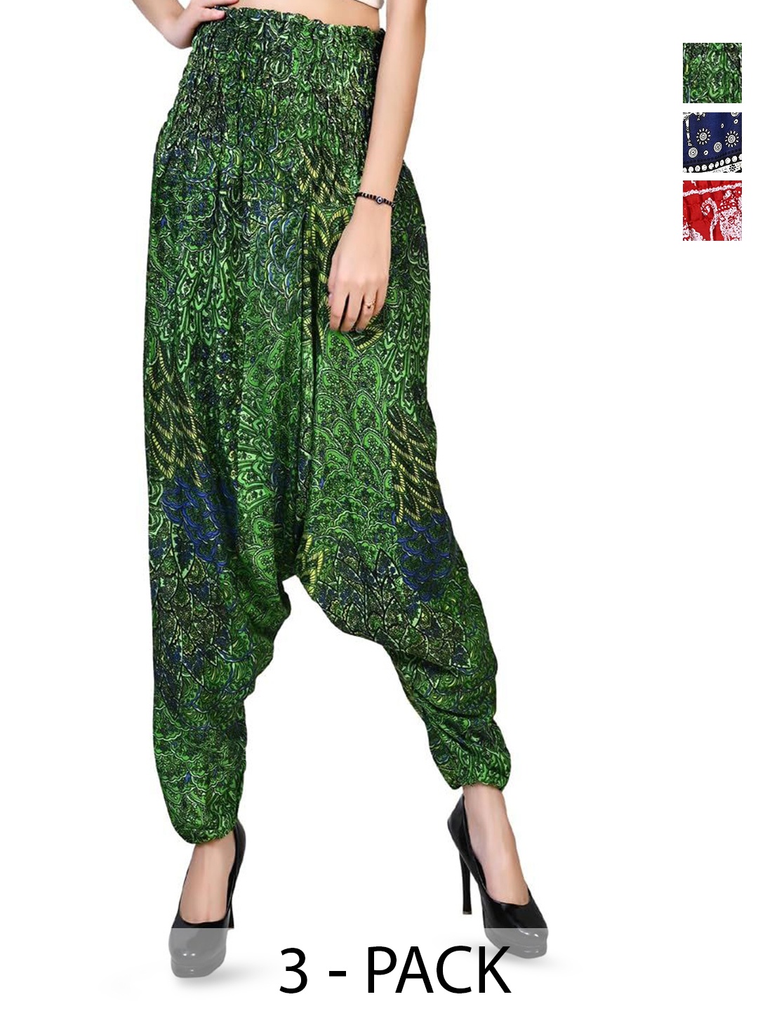 

NarNari Women Ethnic Motifs Pack Of 3 Printed Mid-Rise Harem Pants, Green