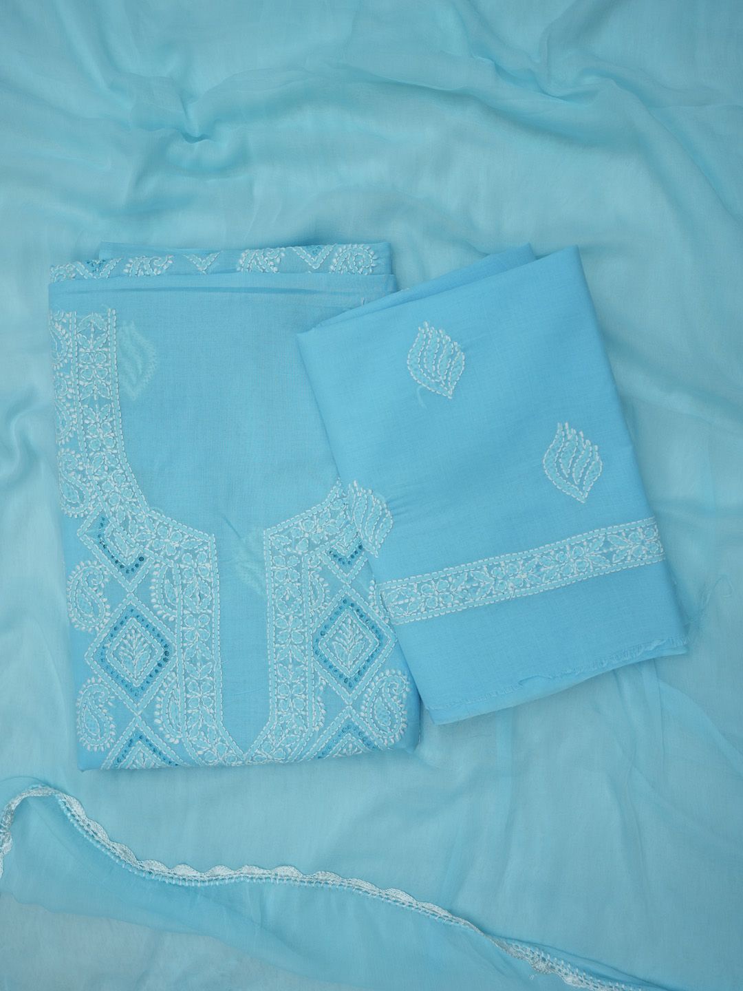 

PARAMOUNT CHIKAN Floral Embroidered Chikankari Cotton Blend Unstitched Dress Material, Blue