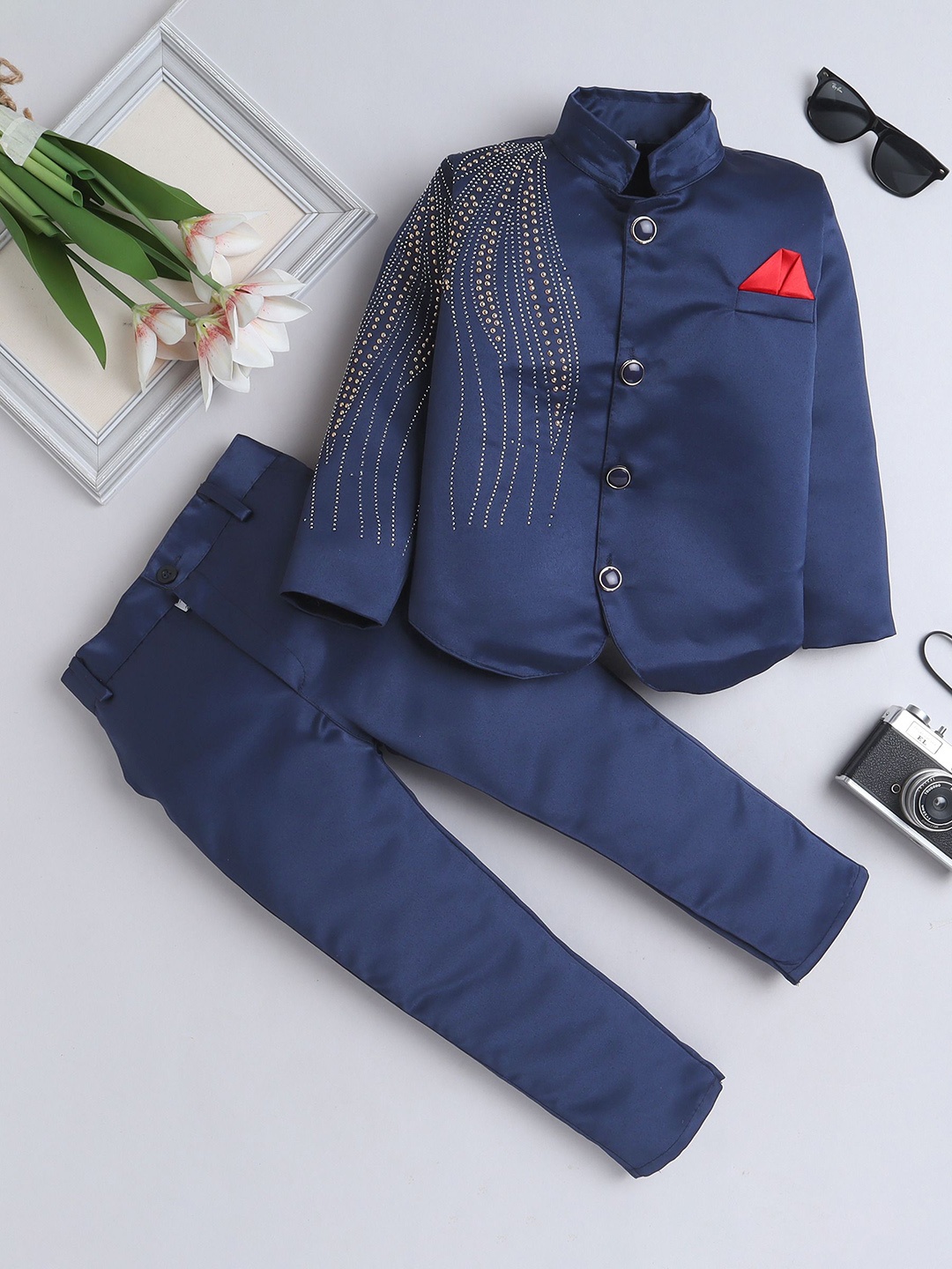 

FOURFOLDS Boys 2 Piece Embroidered Indo Blazer With Trouser Set, Navy blue