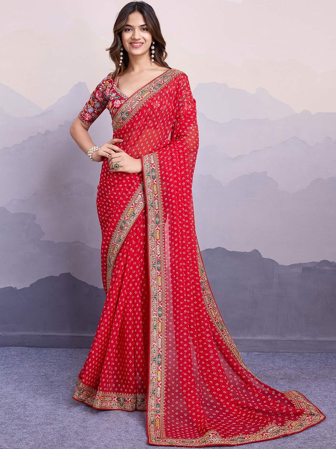 

Peachmode Bandhani Embroidered Pure Georgette Saree, Red