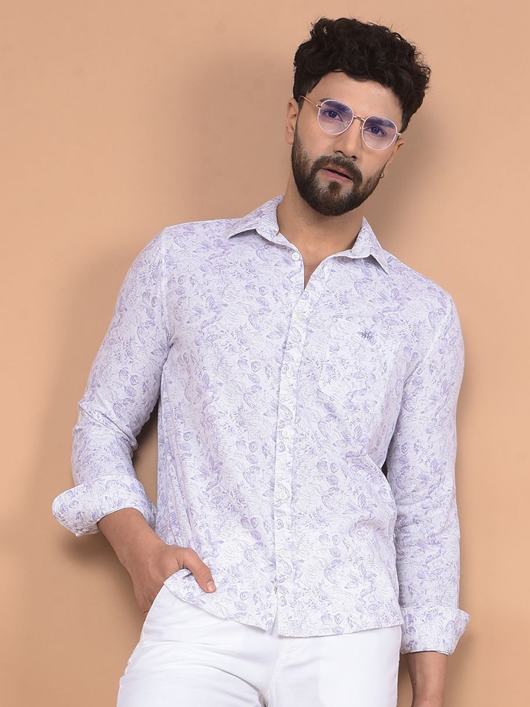 

Crimsoune Club Men Premium Slim Fit Spread Collar Floral Printed Cotton Casual Shirt, White