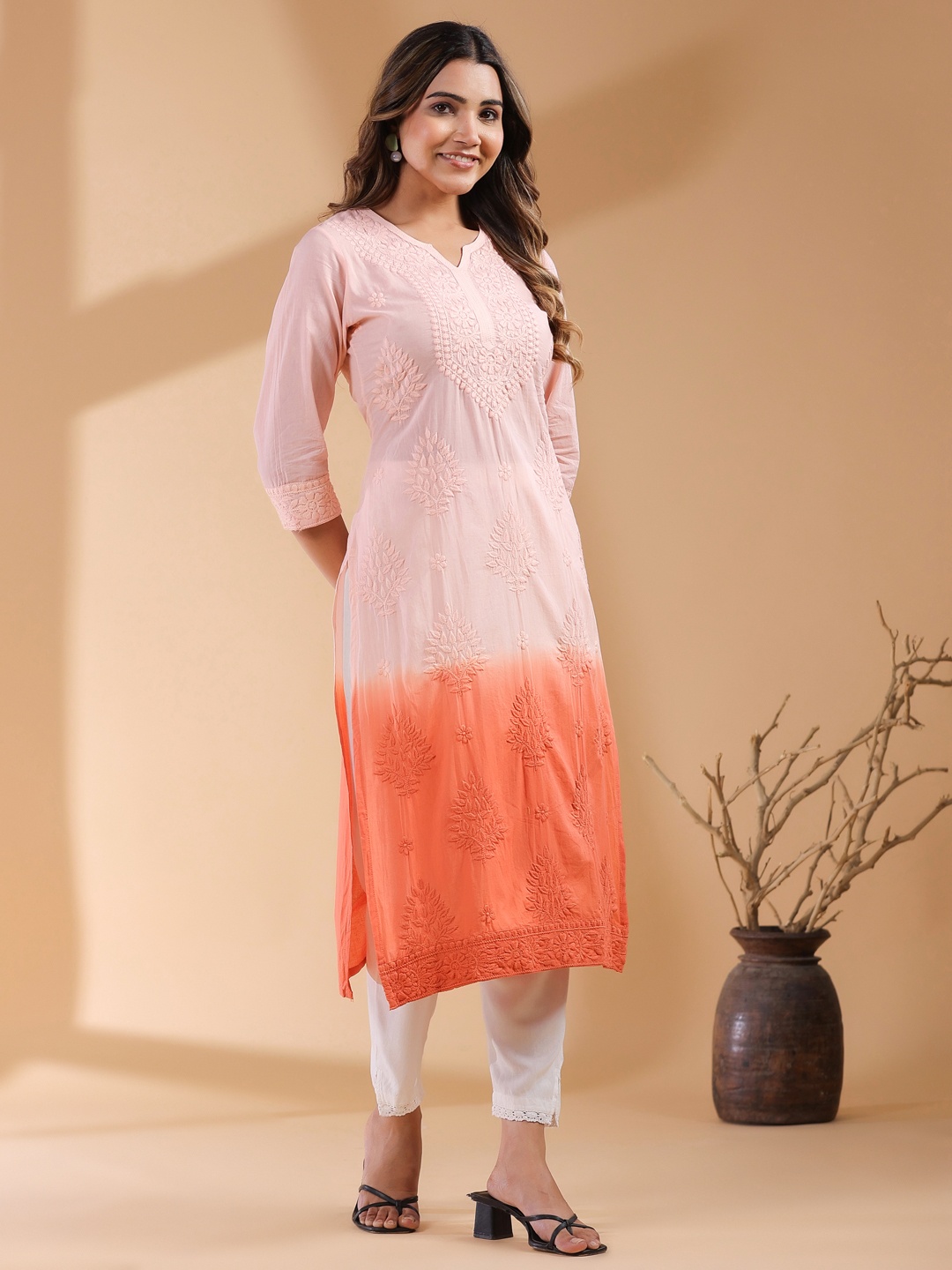 

Janasya Peach Ombre Pure Cotton Chikankari Embroidered Straight Kurta