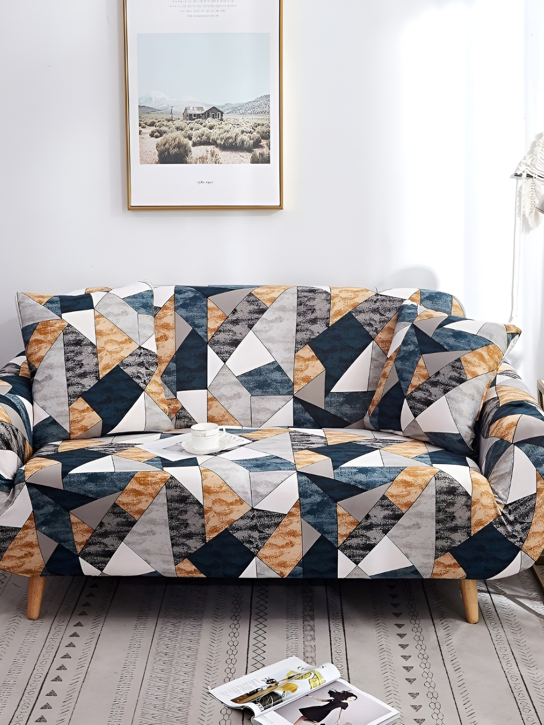 

KriShyam Orange-Coloured Geometric Printed 4 Seater Sofa Cover with Arms