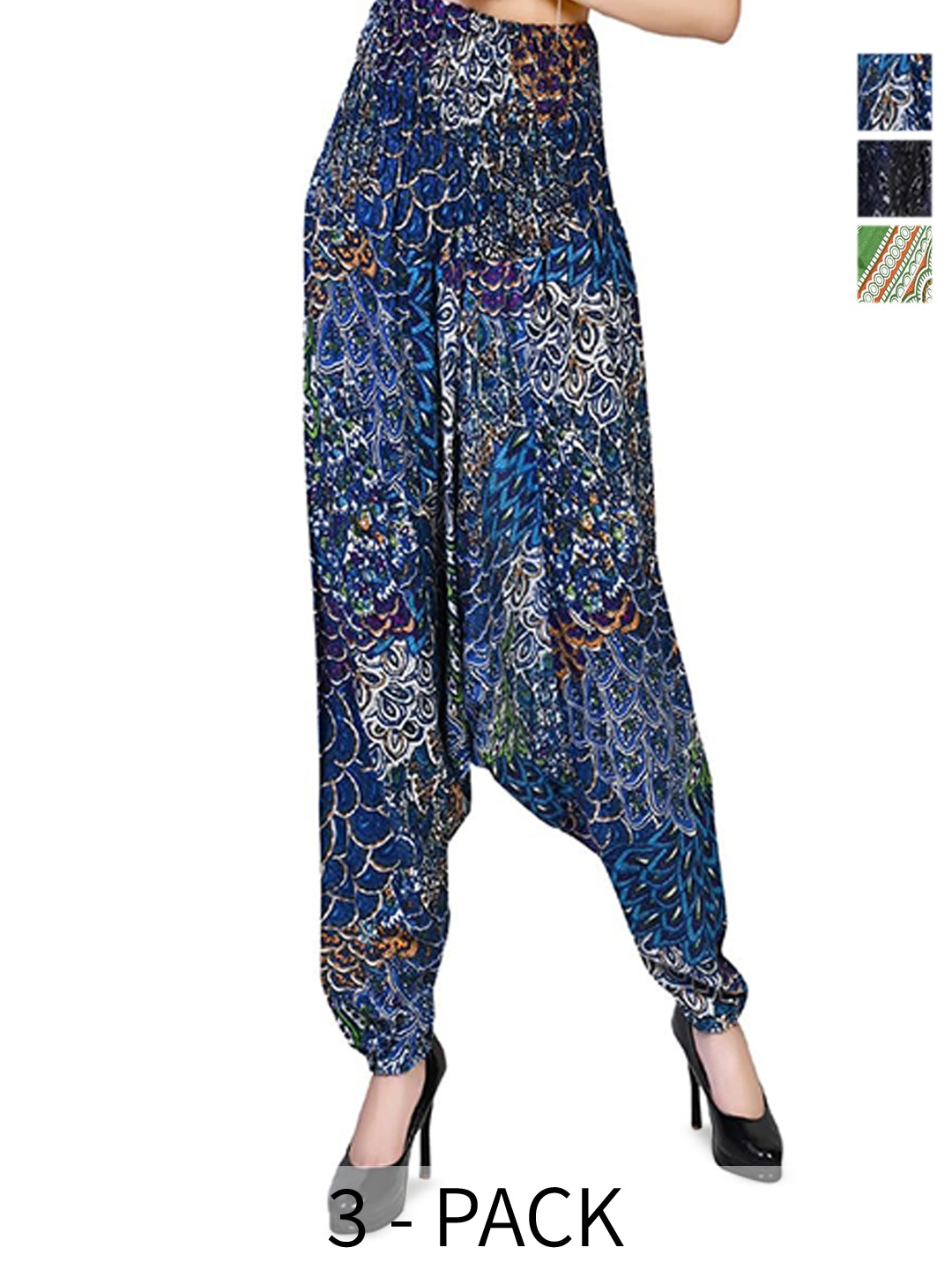 

NarNari Women Pack Of 3 Printed Mid-Rise Harem Pants, Navy blue