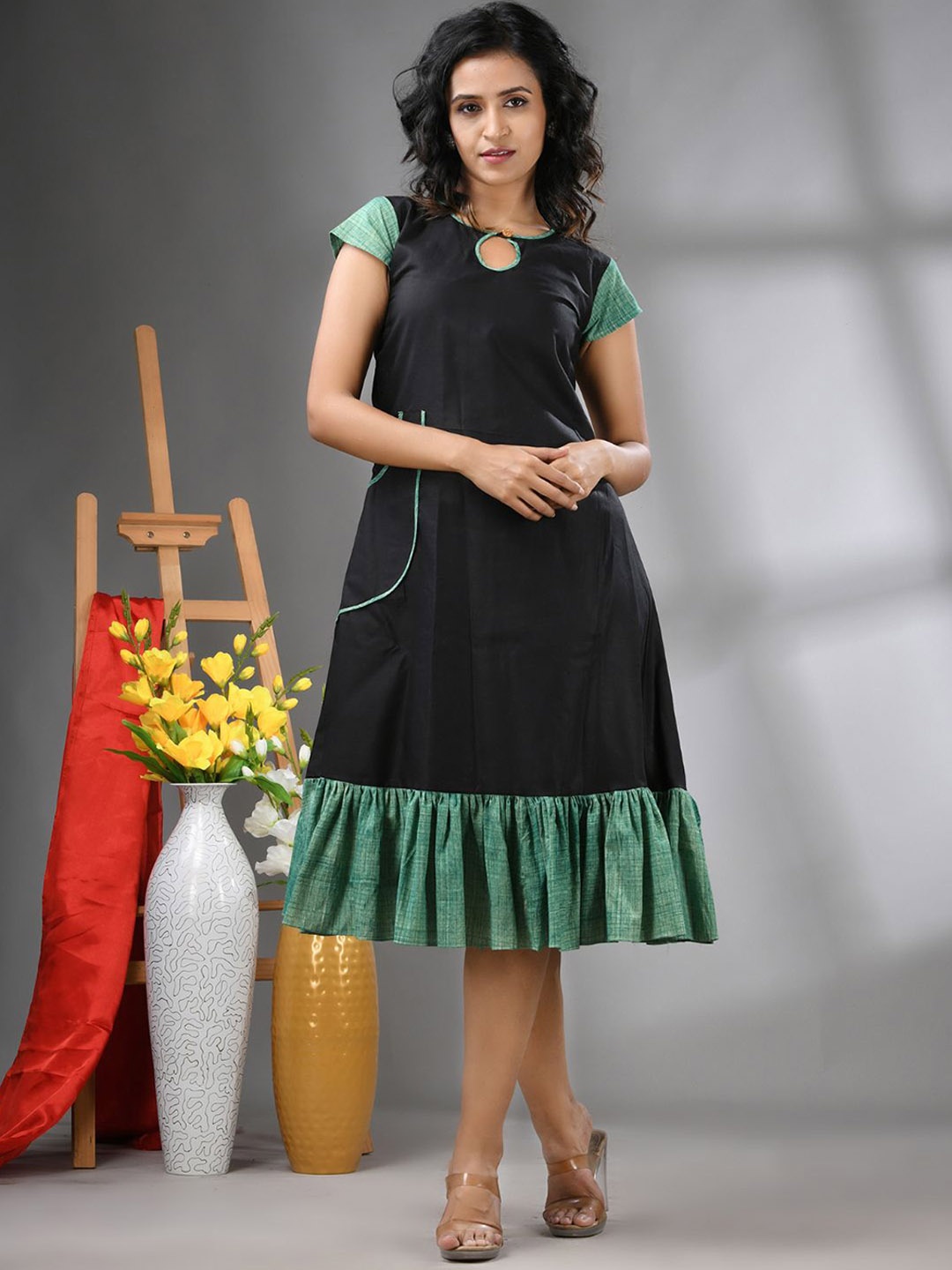 

Charukriti A-line Ethnic Dress With Ruffle, Black