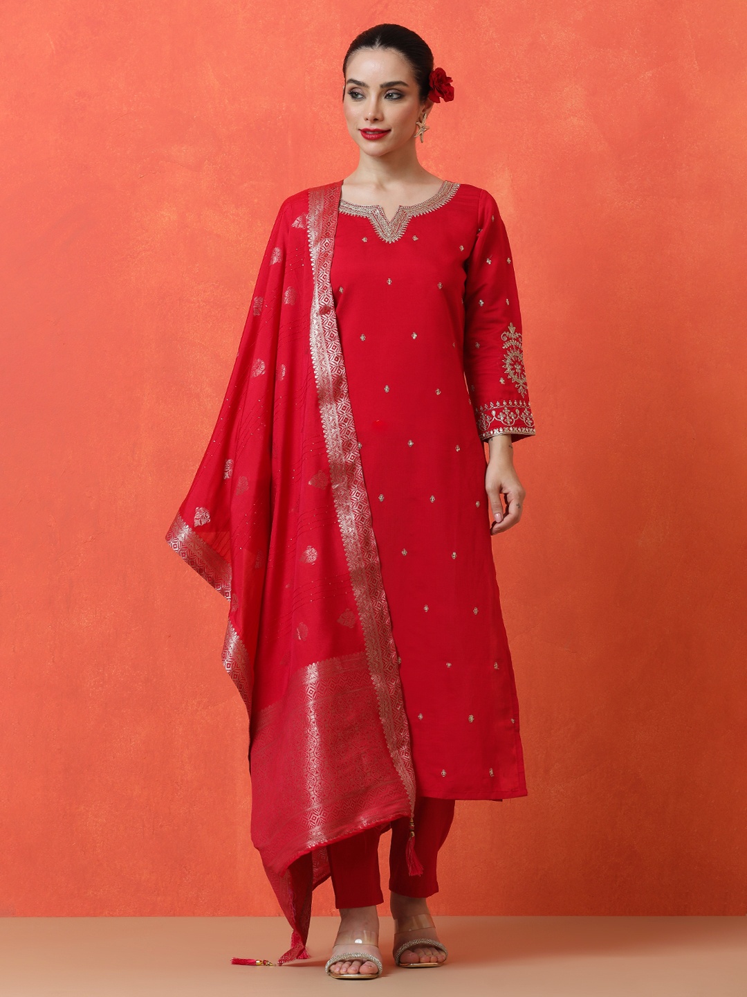 

Jaipur Kurti Floral Embroidered Notch Neck Straight Kurta With Trousers And Dupatta, Maroon