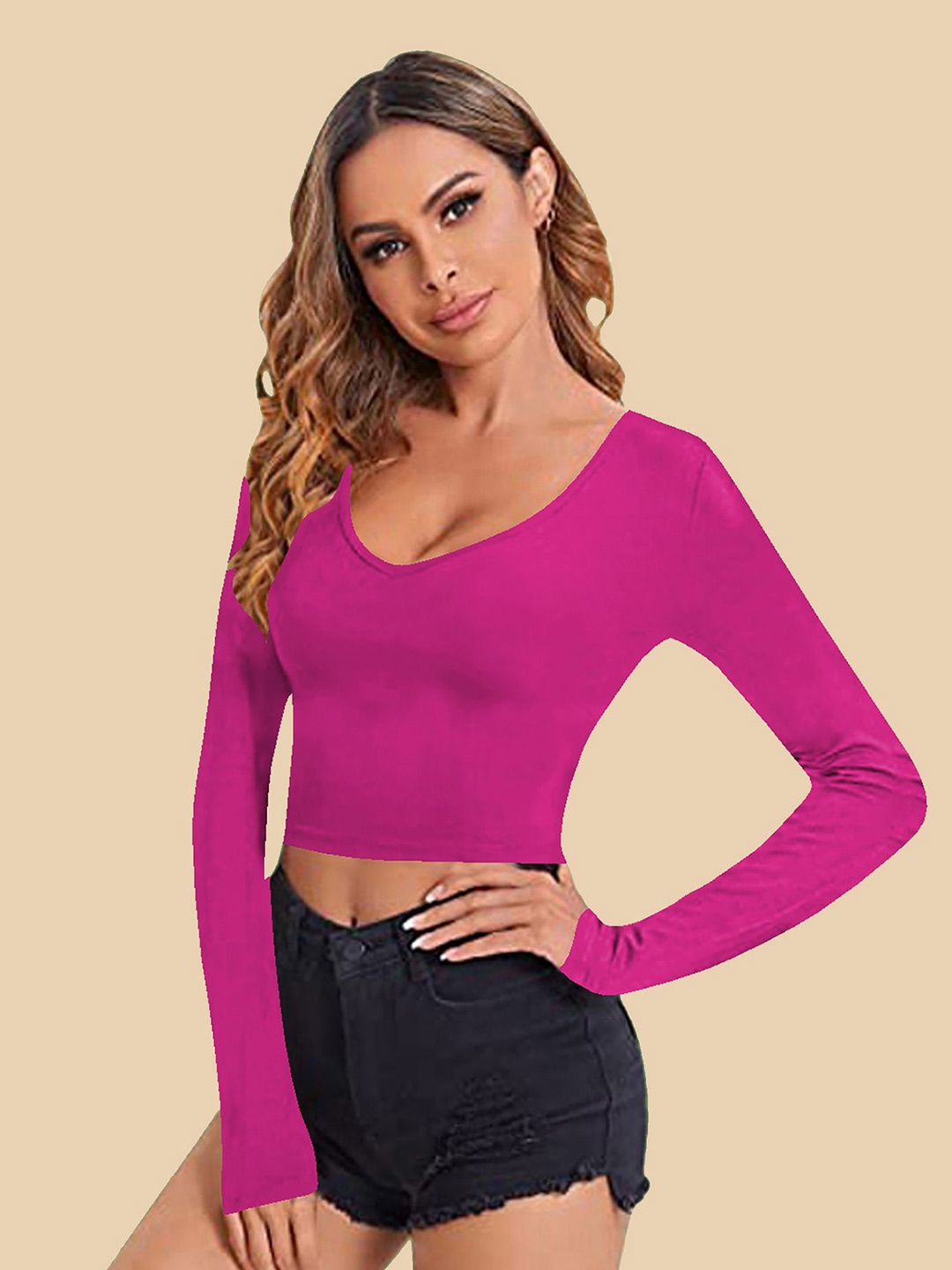 

Dream Beauty Fashion Women V-Neck Fitted Crop Top, Pink