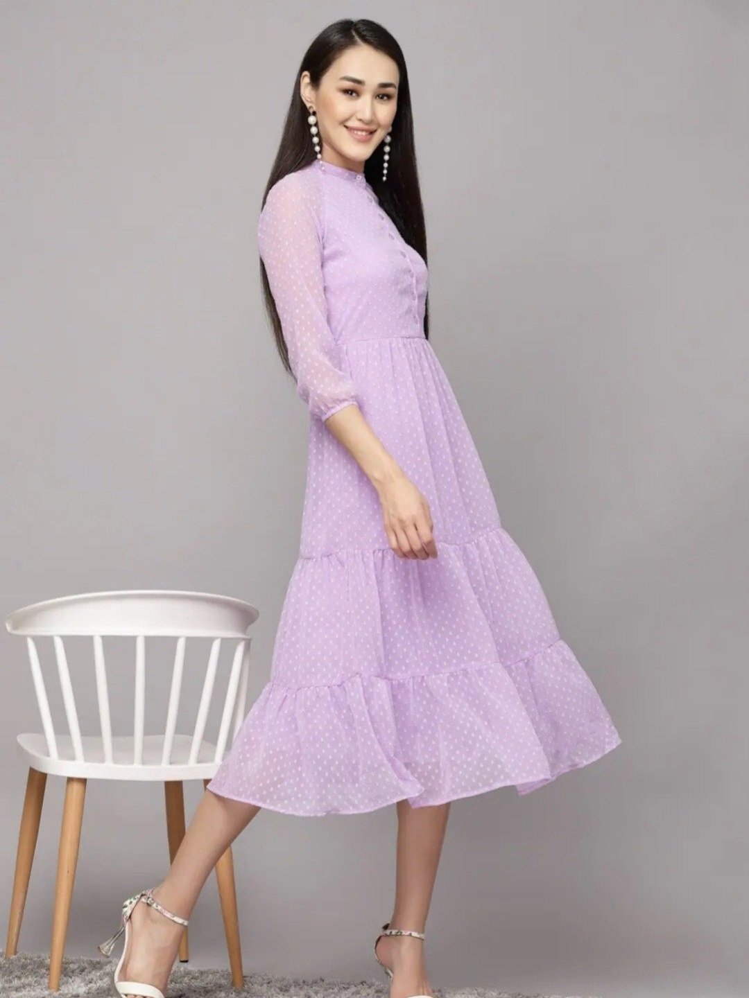 

BPT DESIGNER Georgette Tiered Fit & Flare Midi Buta Front Button Dress, Lavender