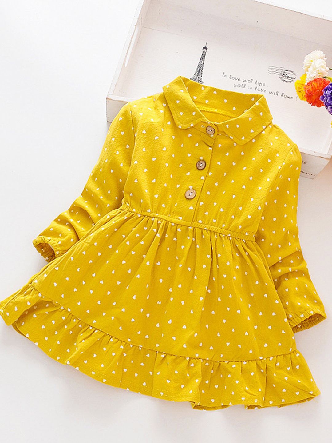 

YK Girls Cotton Polka Dot Printed Korean Autumn Puff Sleeve Fit & Flare Dress, Yellow