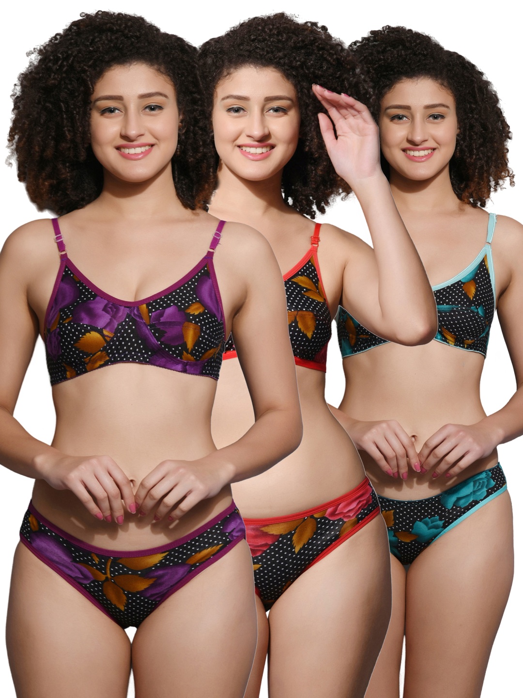 

chia fashions Pack Of 3 Floral printed Non-Padded Lingerie Set - CHFS-444-PRP-RED-GRN-30B, Purple