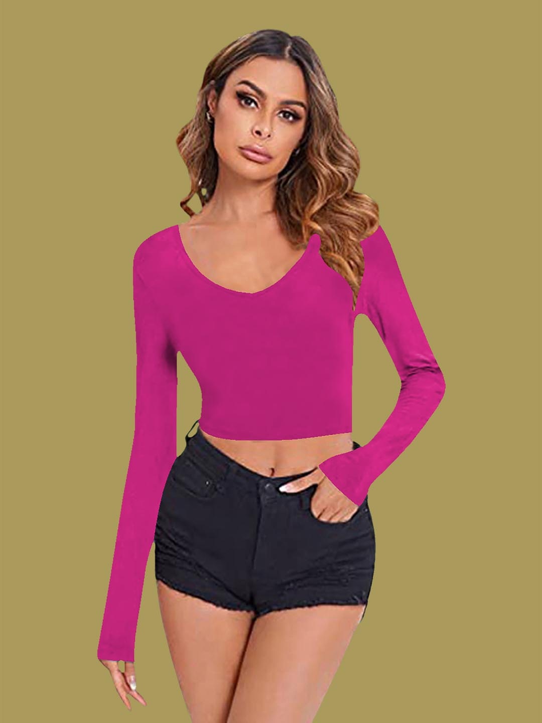 

Dream Beauty Fashion Women V-Neck Long Sleeves Fitted Crop Top, Pink