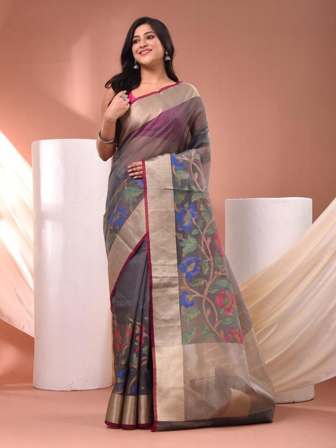 

VIBHAVARI Floral Zari Organza Saree, Grey