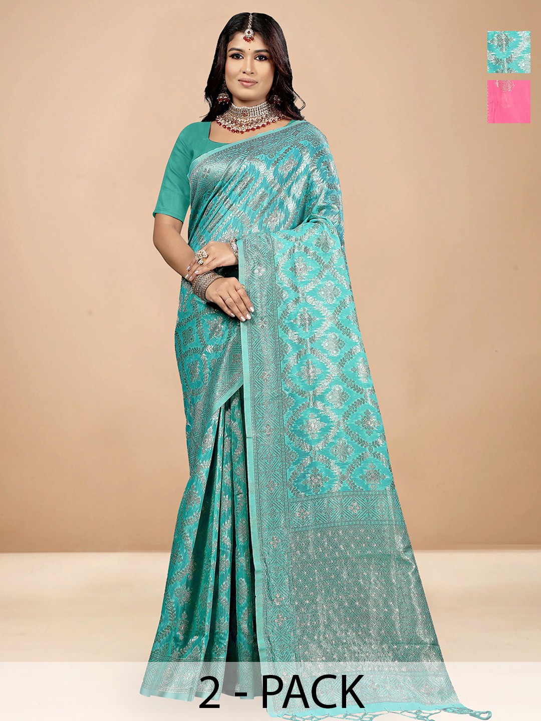 

Anouk Rustic Woven Design Zari Chanderi Saree, Pink