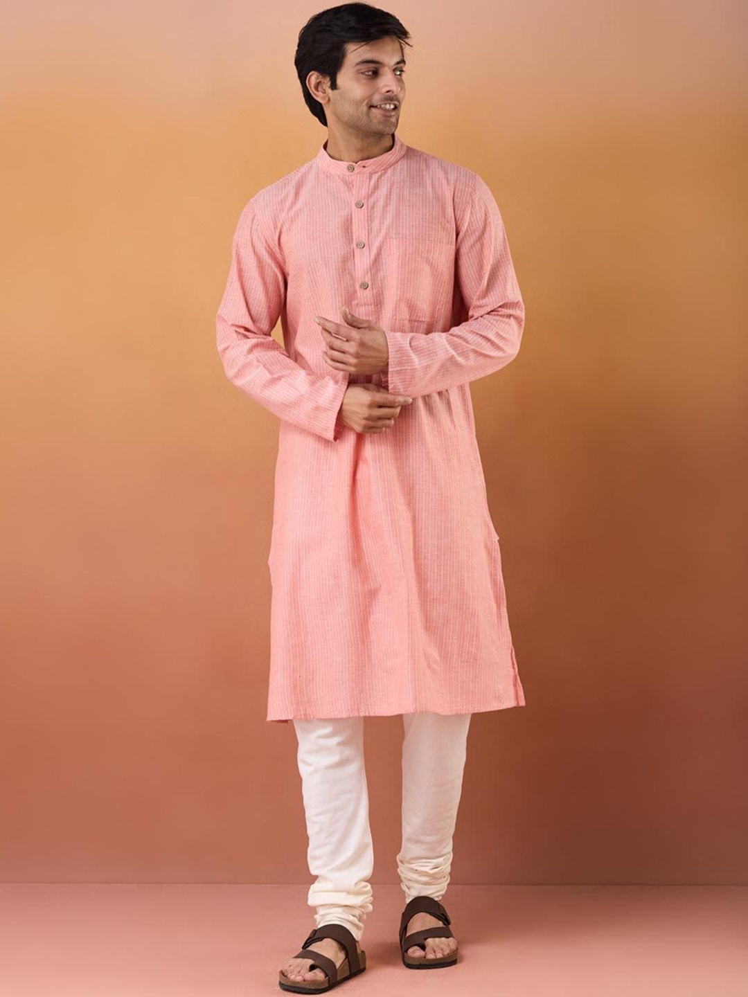 

Fabindia Woven Design Mandarin Collar Cotton Straight Kurta, Pink