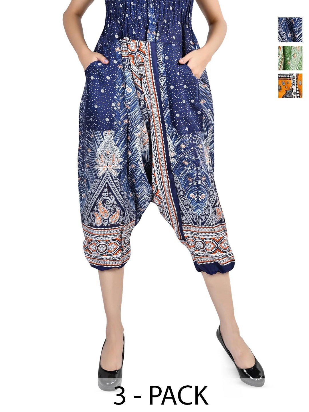 

NarNari Women Pack Of 3 Printed Mid-Rise Harem Pants, Blue