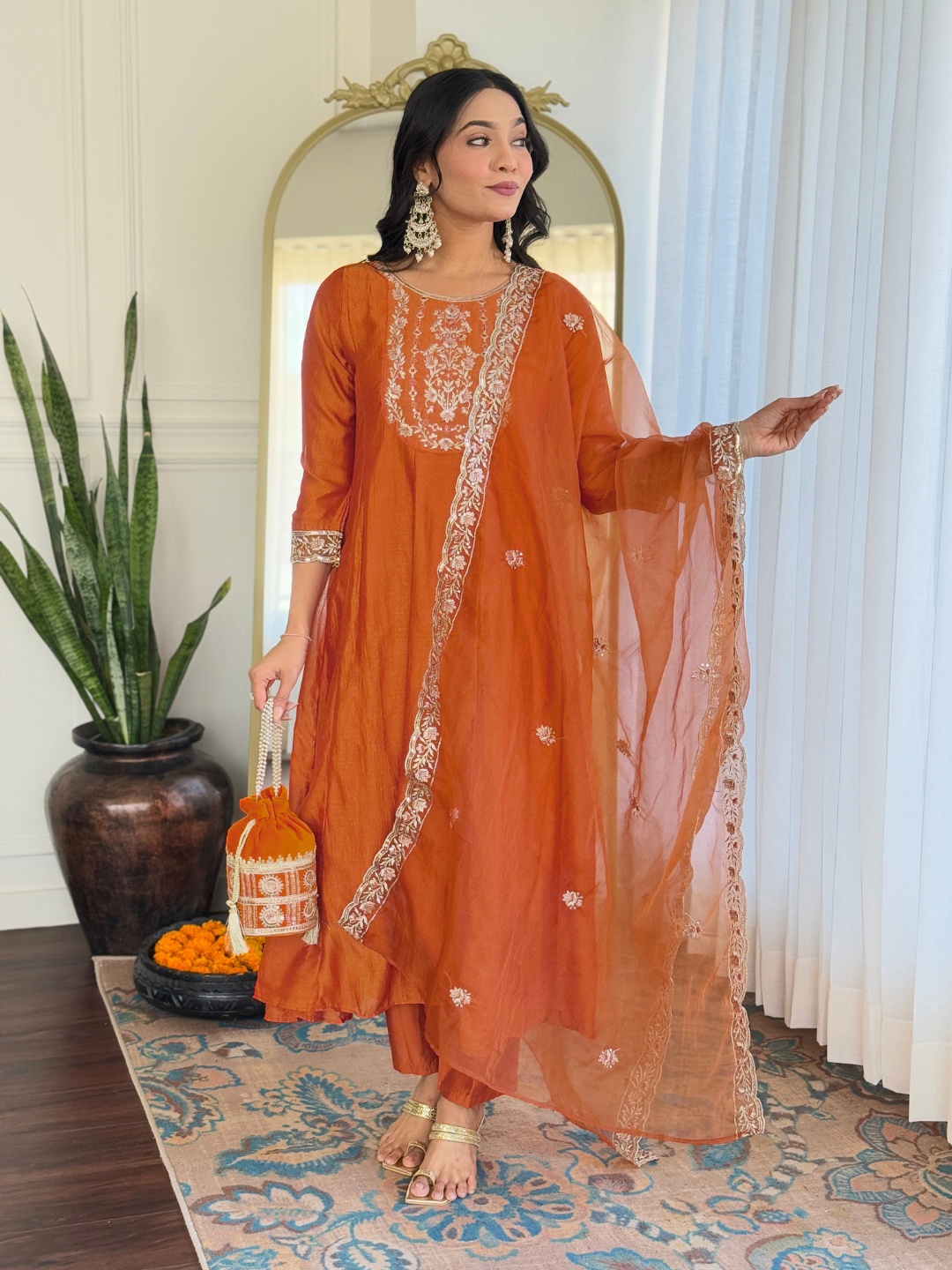 

Navlik Women Embroidered Regular Kurta with Trousers & With Dupatta, Orange