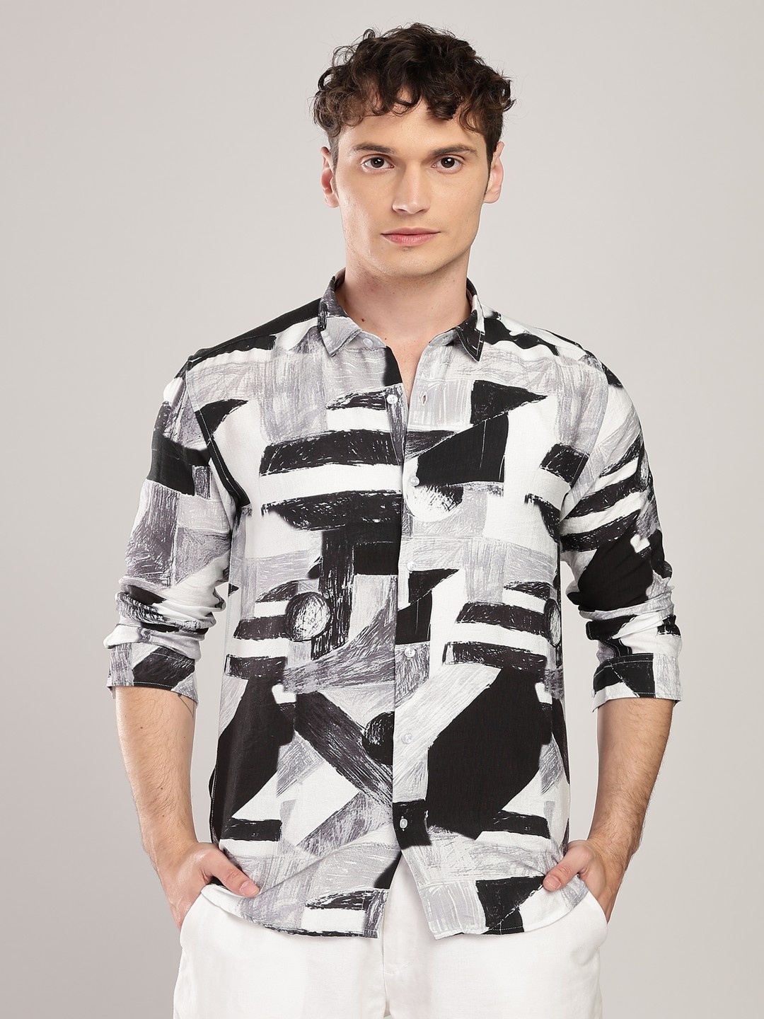 

NEVER NEUD Men Comfort Fit Spread Collar Abstract Printed Casual Shirt, White