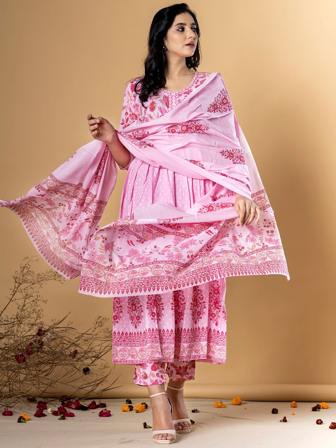 

Readiprint Floral Printed Sequinned Pure Cotton Pleated Kurta with Palazzos & With Dupatta, Pink