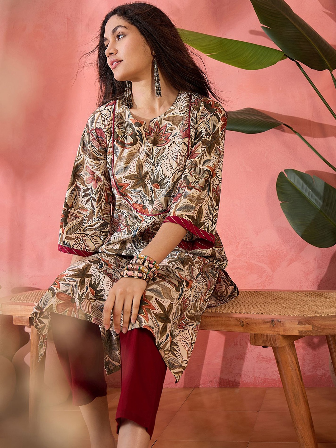 

Sangria Beige Floral Printed Notch Neck Flared Sleeves A_Line Kurta