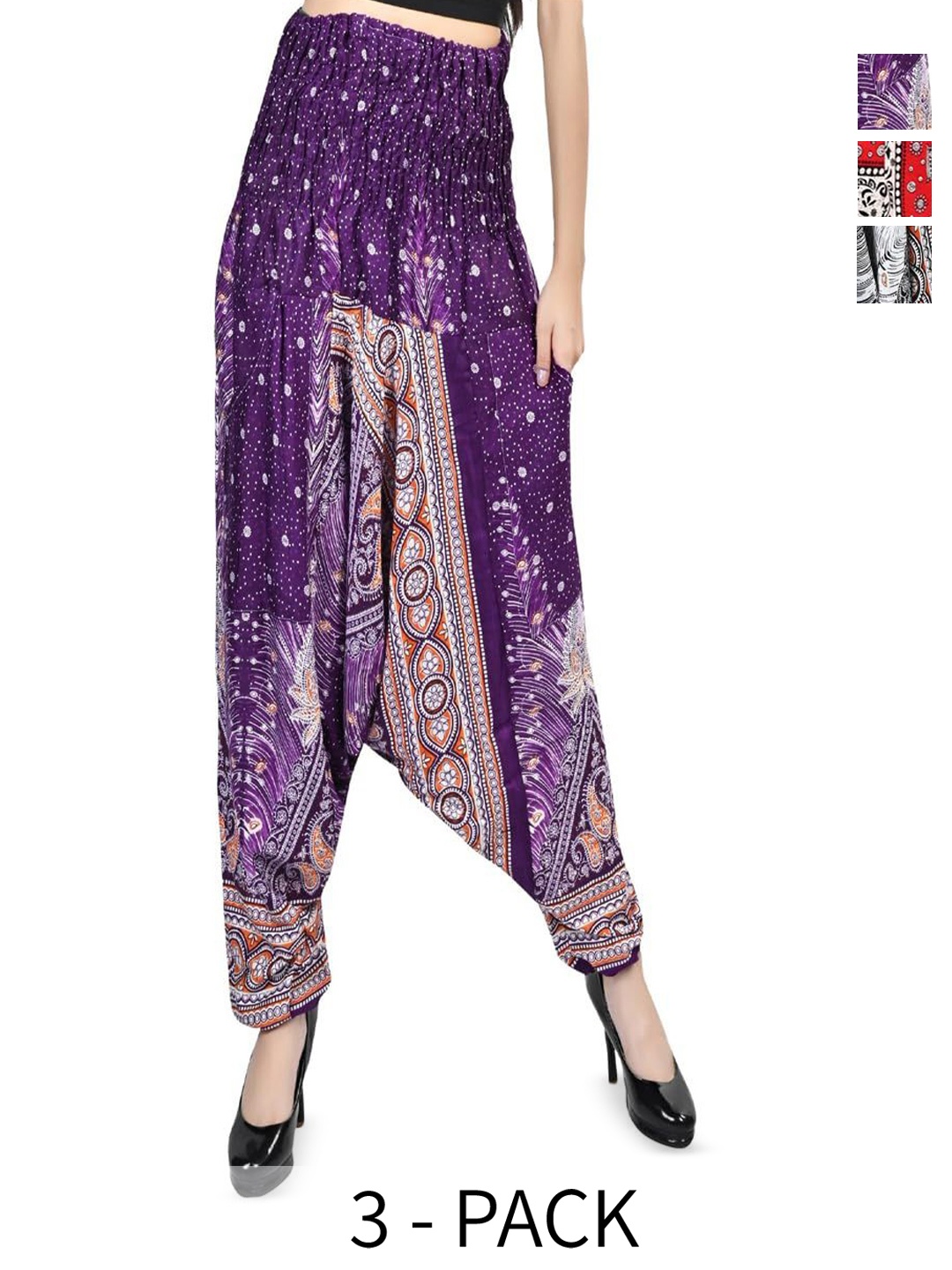 

NarNari Women Pack Of 3 Printed Mid-Rise Harem Pants, Purple