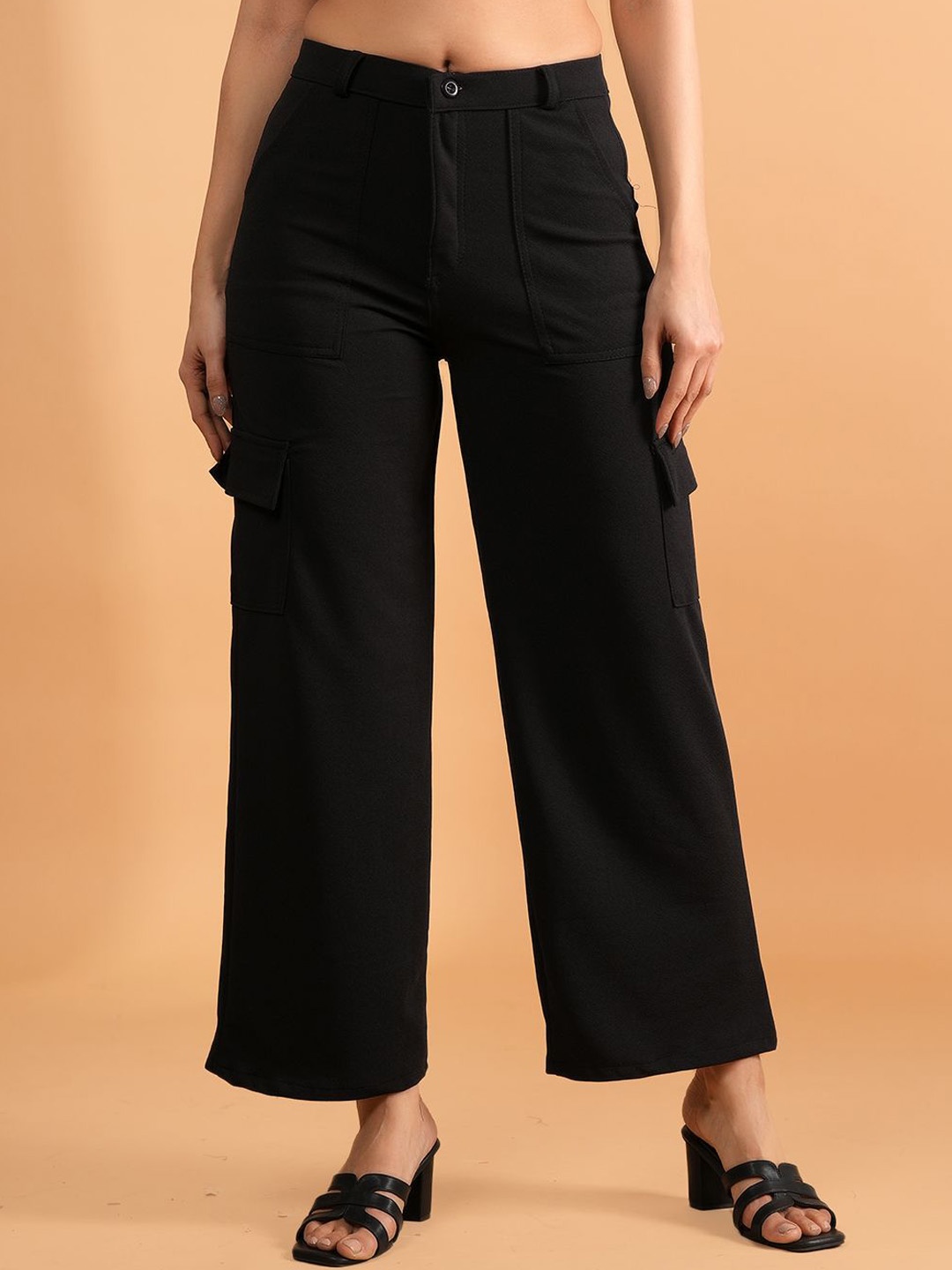 

BAESD Women High-Rise Regular Fit Easy Wash Trousers, Black