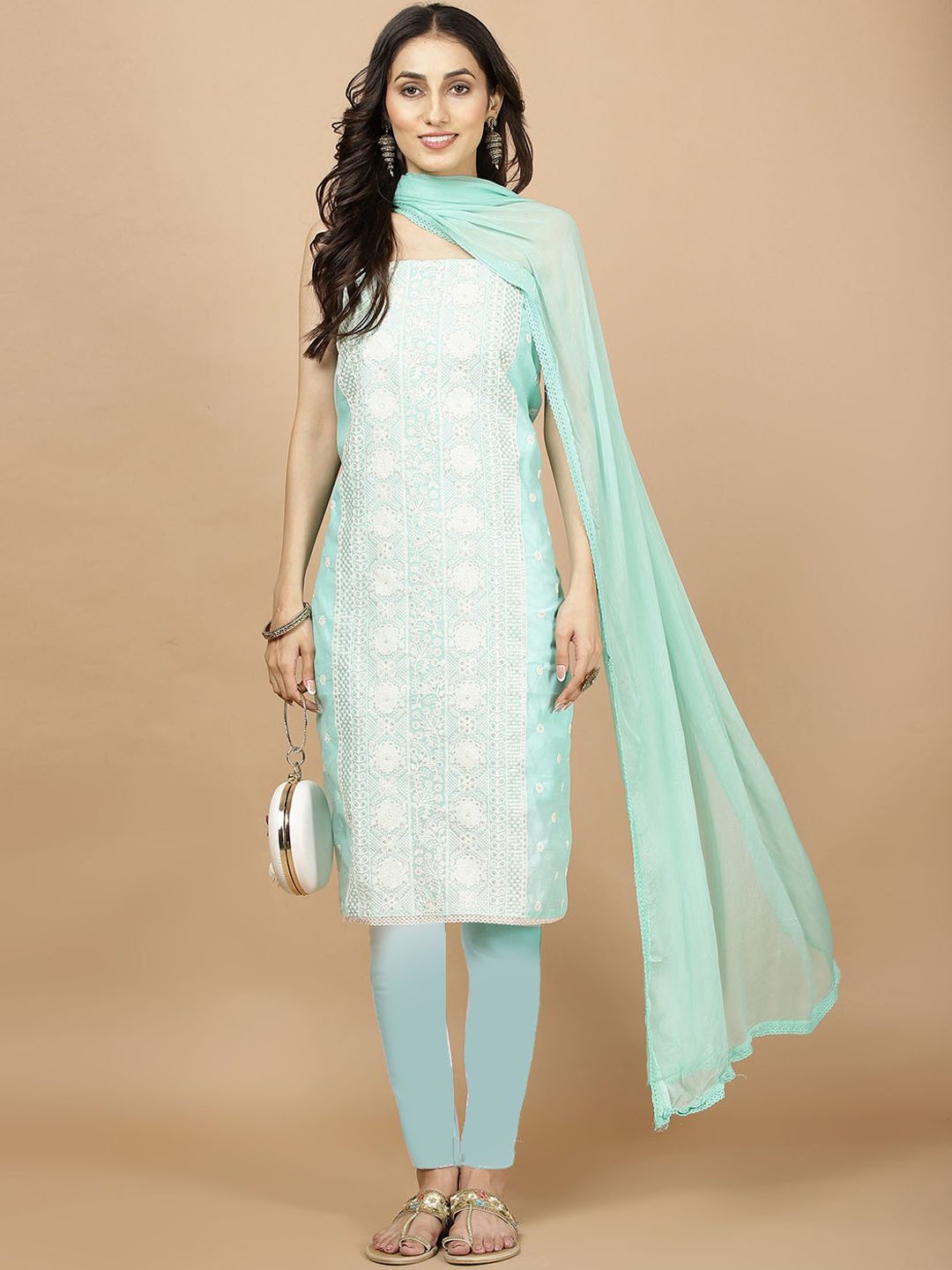 

Meena Bazaar Embroidered Art Silk Unstitched Dress Material, Sea green