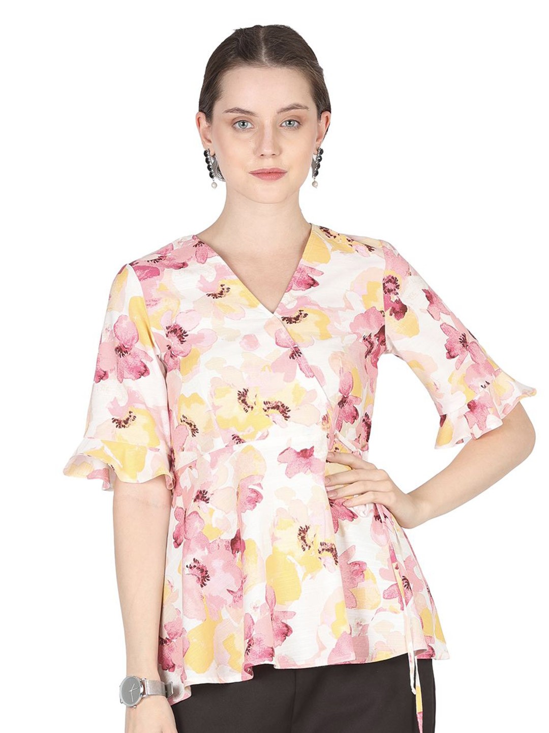 

PRIDEWEAR Women Floral Printed Bell Sleeve Peplum Top, White