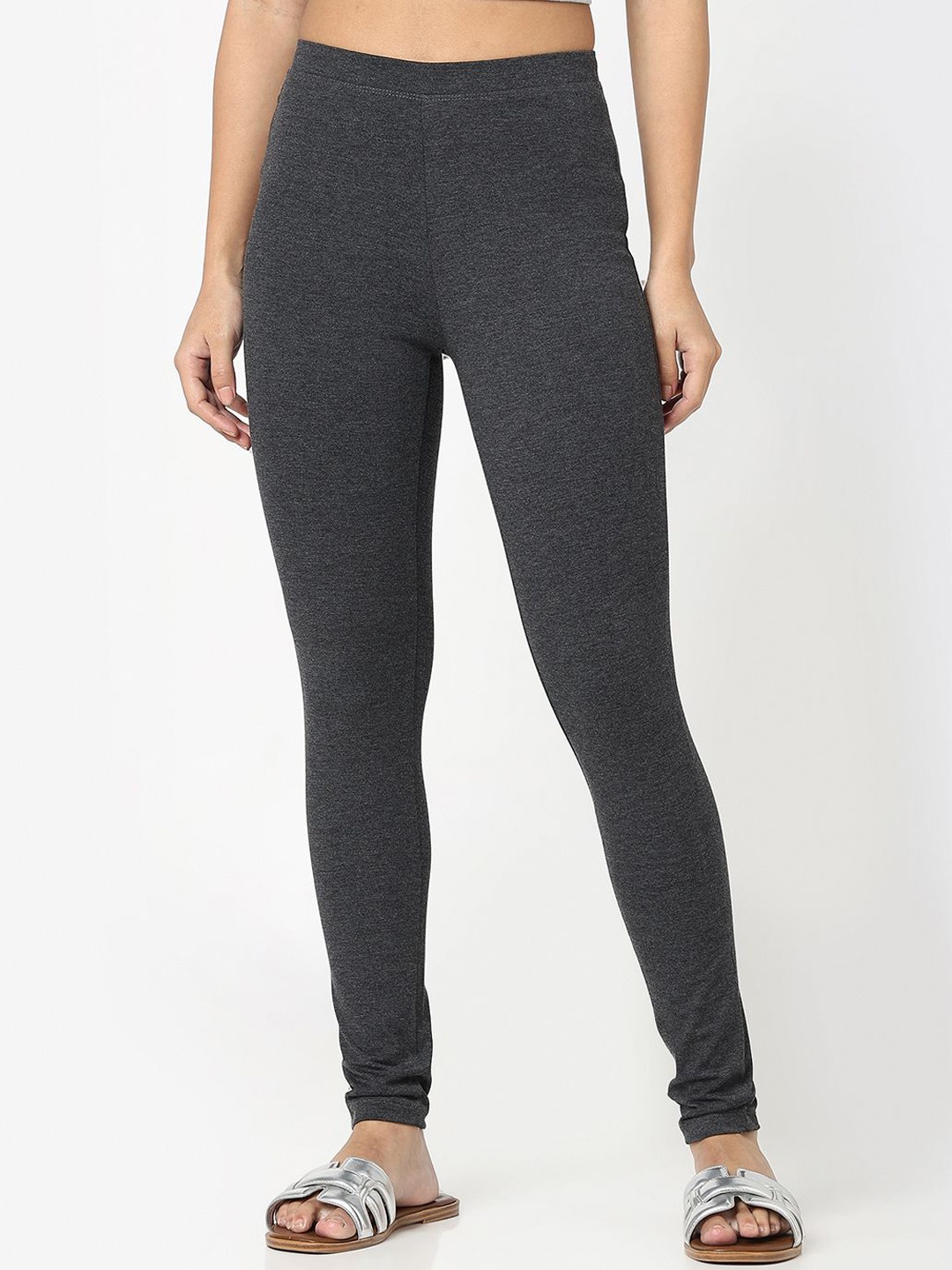 

R&B Women Churidar Length Cotton Leggings, Grey melange