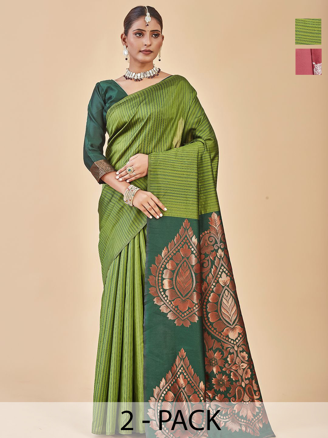 

Anouk Rustic Pack of 2 Woven Design Banarasi Saree, Green