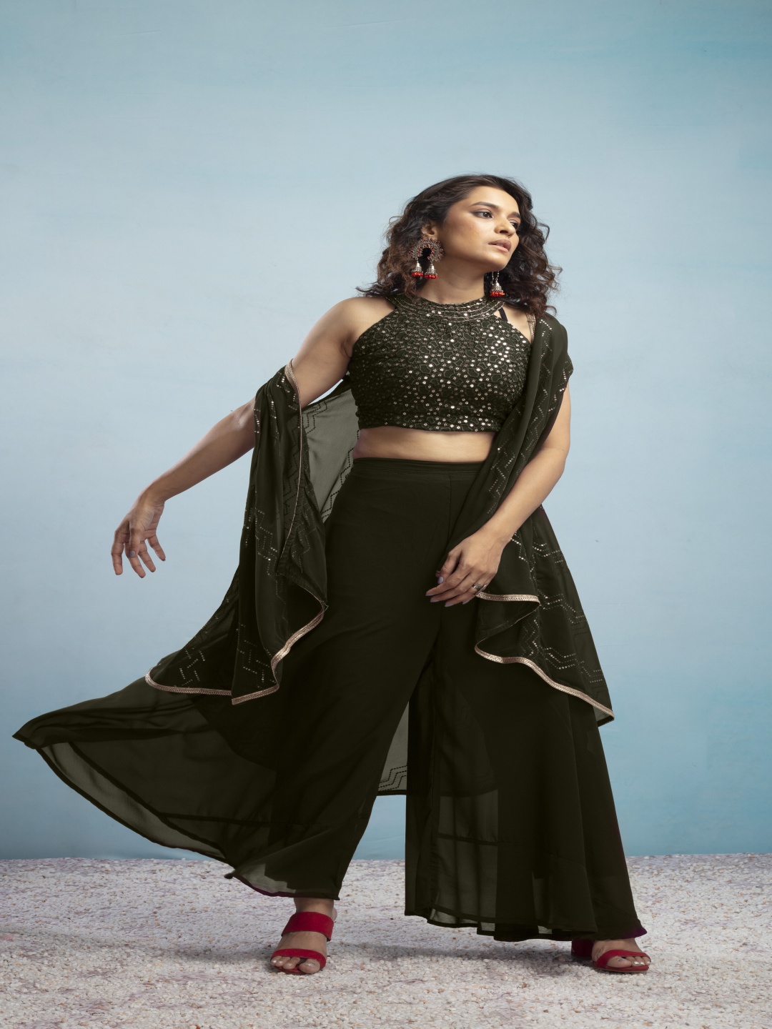 

SANCIA Geometric Embroidered Halter Neck Sequinned Crop Top With Palazzos & Dupatta, Olive